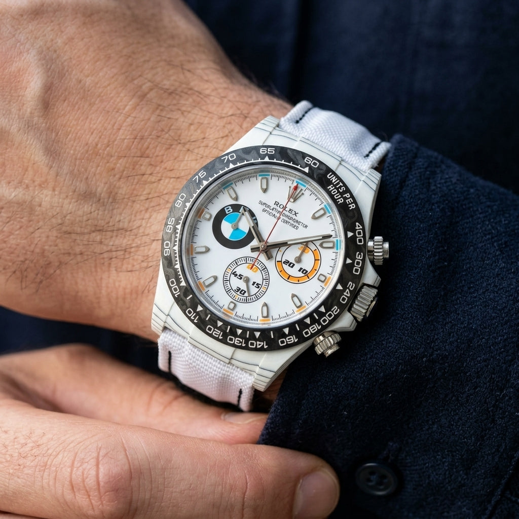 The white carbon chronograph under a suit cuff at the wrist