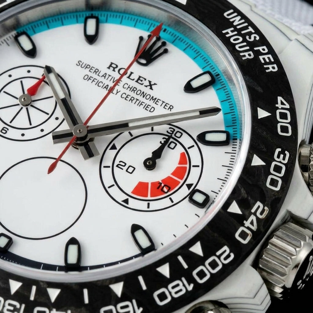 Macro of the white dial, its turquoise arc and black applied markers
