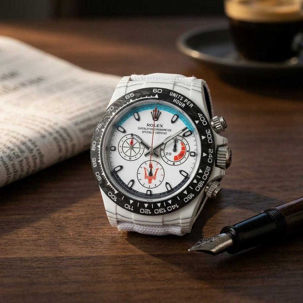 White forged carbon chronograph resting on a dark desk beside a fountain pen