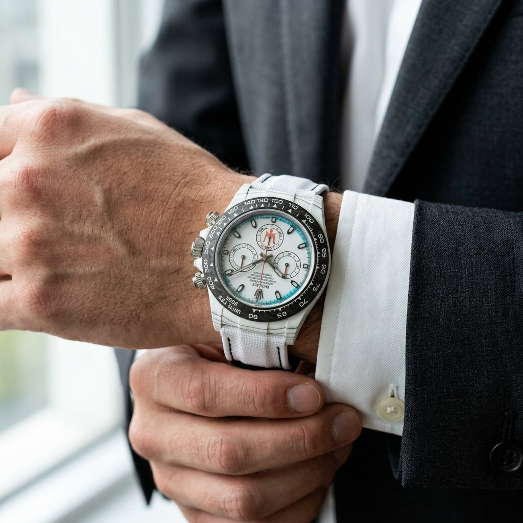 The turquoise-arc chronograph under a suit cuff at the wrist