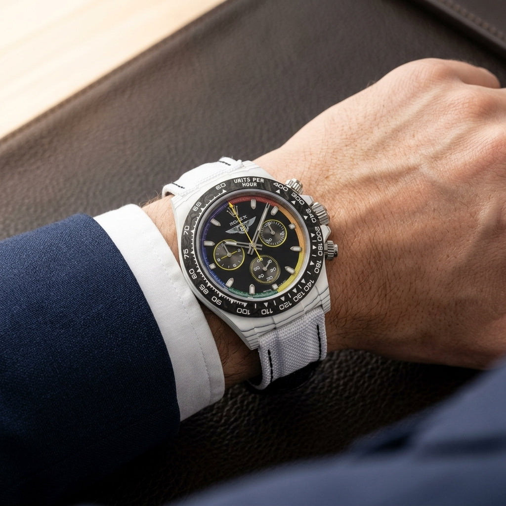 White carbon rainbow-ring chronograph on its white woven canvas strap, worn on the wrist below a navy suit cuff