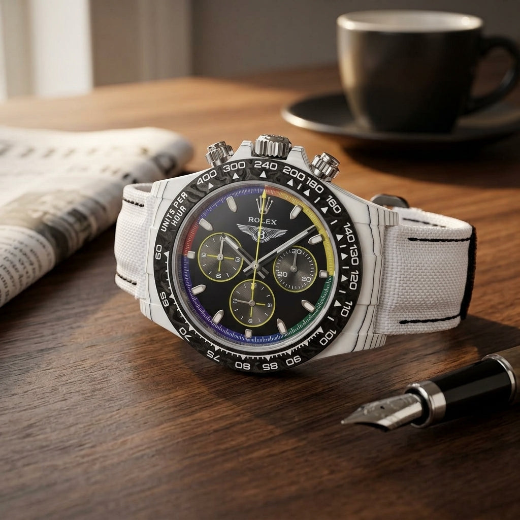 White forged carbon chronograph with a rainbow ring and a winged emblem on a dark walnut desk beside a fountain pen