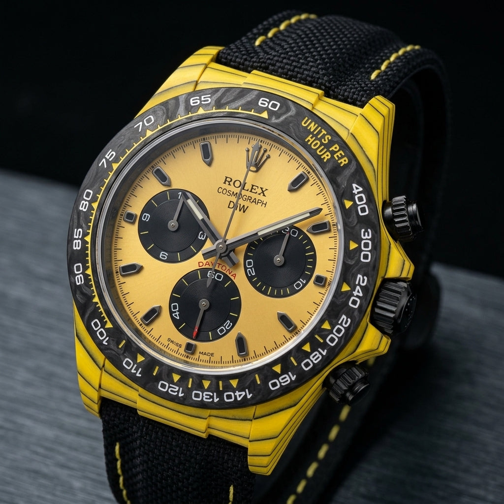 Yellow forged carbon chronograph at a three-quarter angle on dark slate, fine black layer lines along its flank