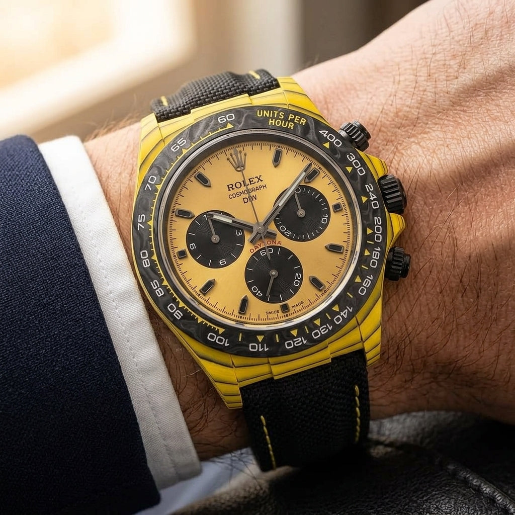 Yellow carbon chronograph on its black canvas strap with yellow stitching, worn on the wrist below a navy suit cuff