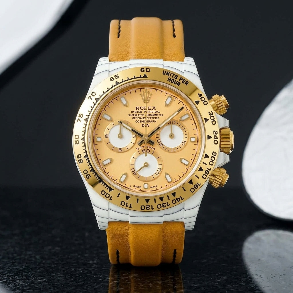 White-cased chronograph with a polished gold bezel and champagne dial on pale stone