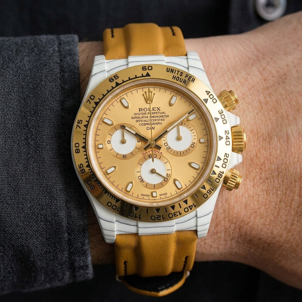 White-cased chronograph with a gold bezel and a champagne dial on the wrist as a shirt cuff is fastened