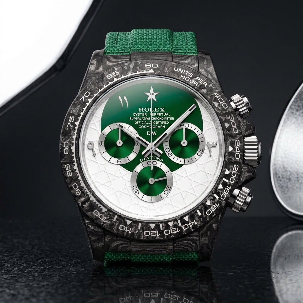 Forged-carbon chronograph with a green and white dial, star and crescent at twelve, on dark stone