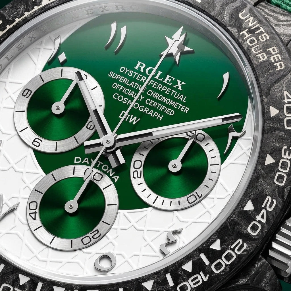 Macro of the green dial showing the Urdu numerals, the star and crescent and the embossed white ring
