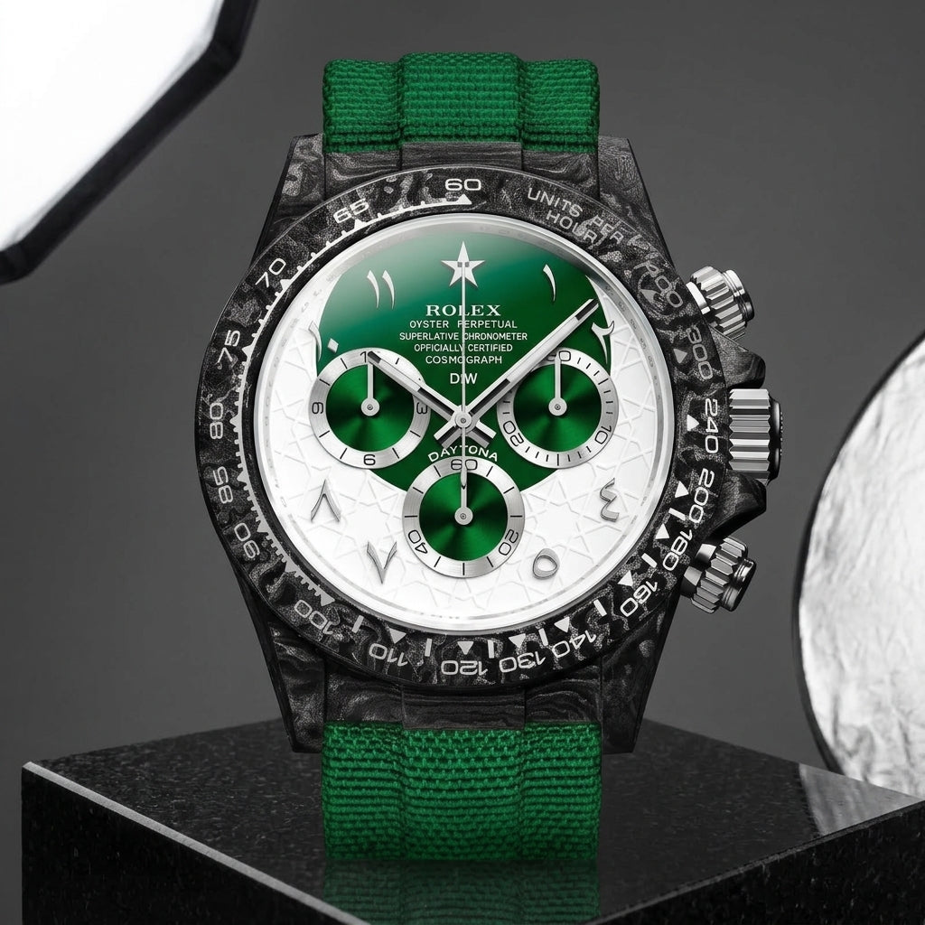 Forged-carbon chronograph on a green woven strap, worn under a cuff