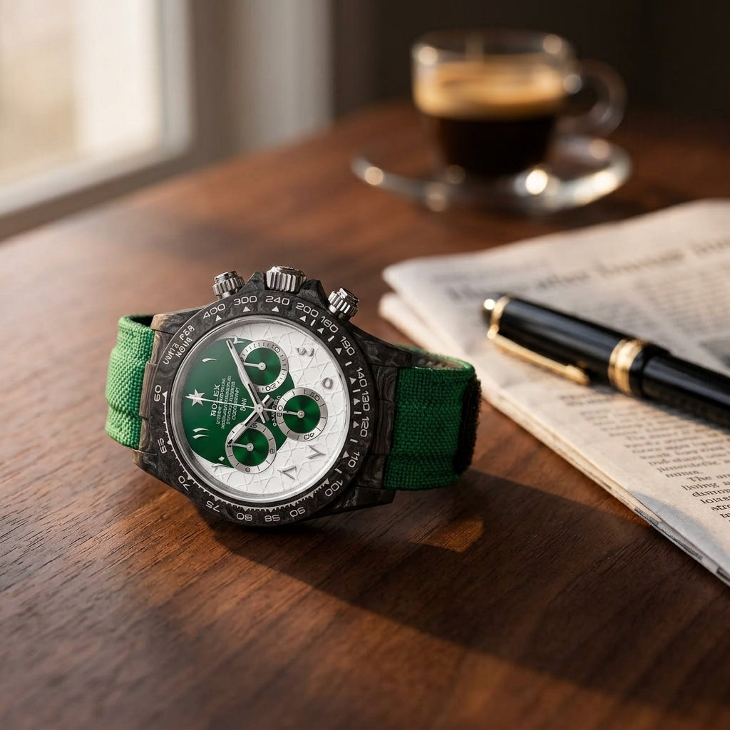 Forged-carbon chronograph with a green and white dial on a dark walnut desk beside a fountain pen