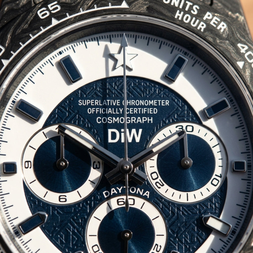 Macro of the dial showing the white-over-navy split and the reversing hour markers