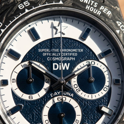 Macro of the dial showing the white-over-navy split and the reversing hour markers