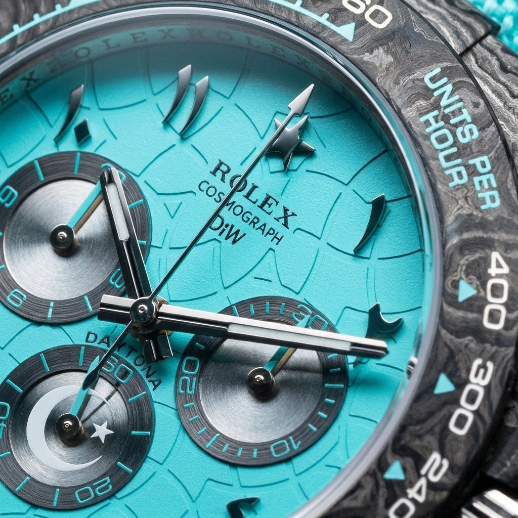 Macro of the turquoise crackle dial, its silver counters and the star and crescent at six
