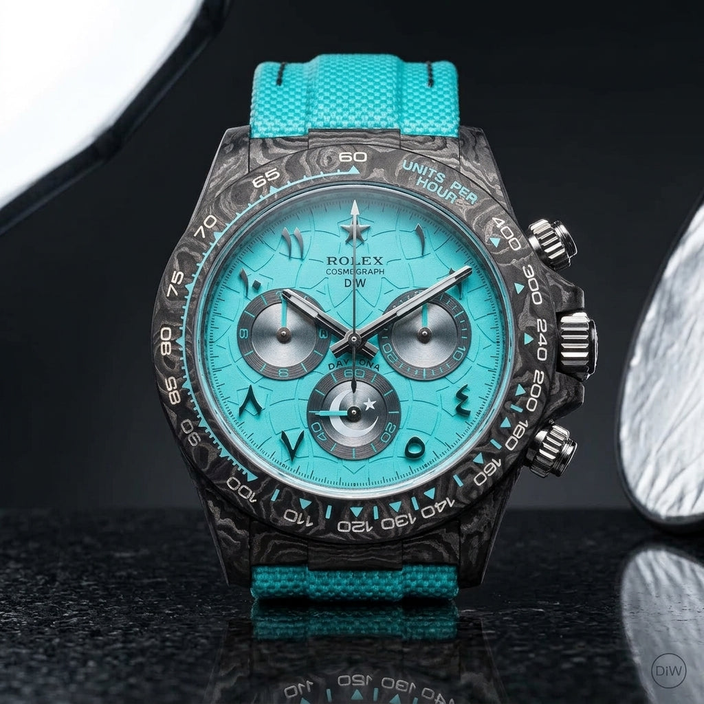 Forged-carbon chronograph on a turquoise woven strap, worn under a cuff