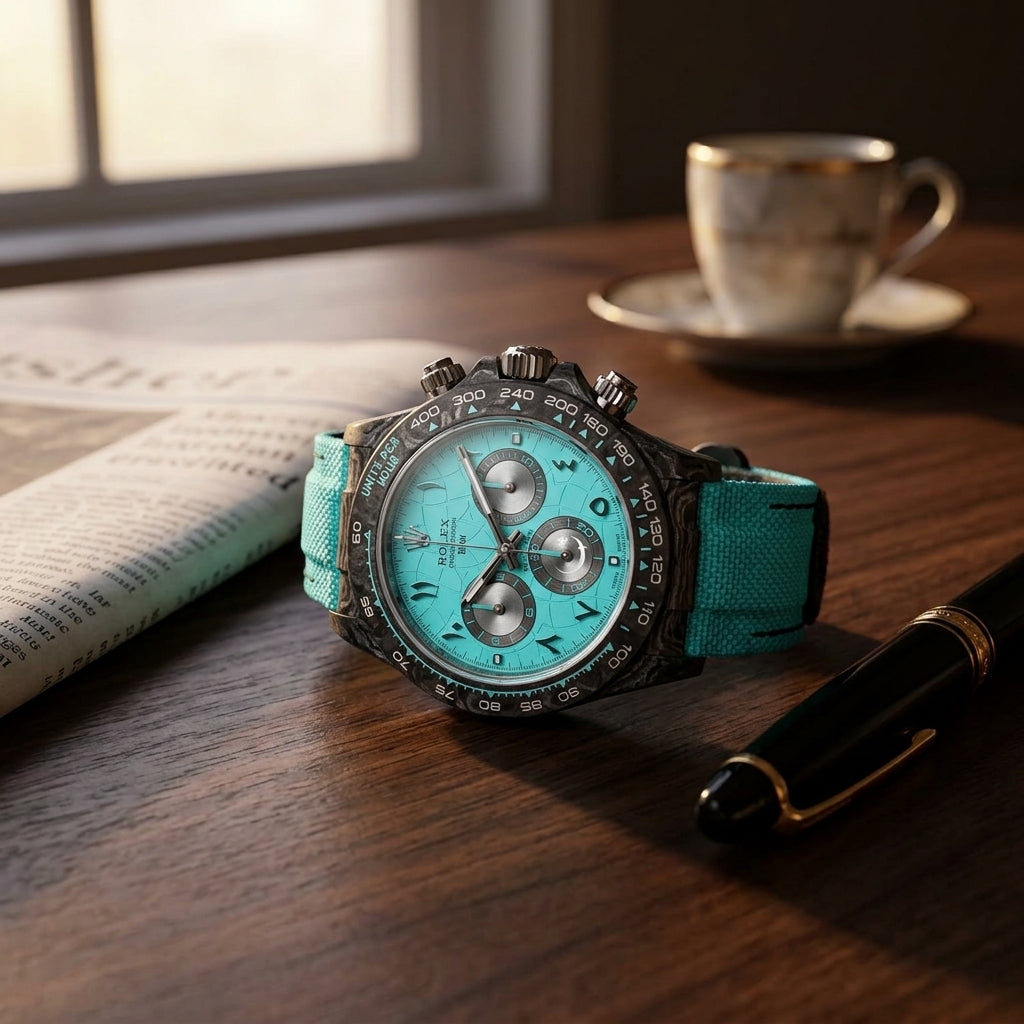 Forged-carbon chronograph with a turquoise crackle dial on a dark walnut desk beside a fountain pen