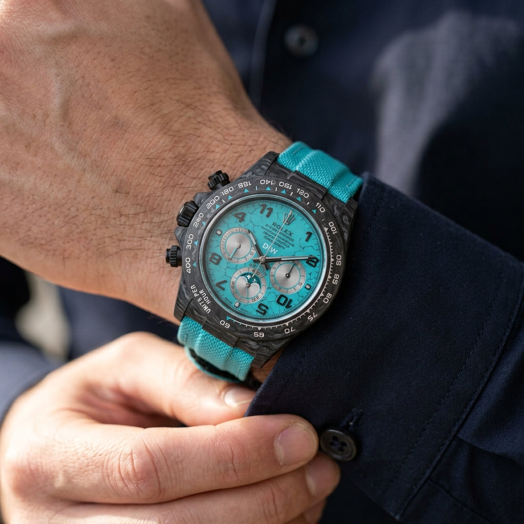 Forged-carbon chronograph with a turquoise crackle dial on the wrist as a shirt cuff is fastened