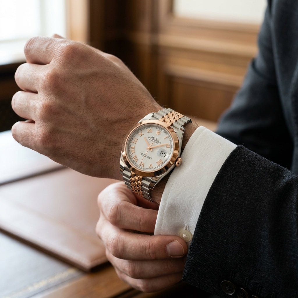 Two-tone 41mm automatic watch with white Roman dial worn under a charcoal suit cuff