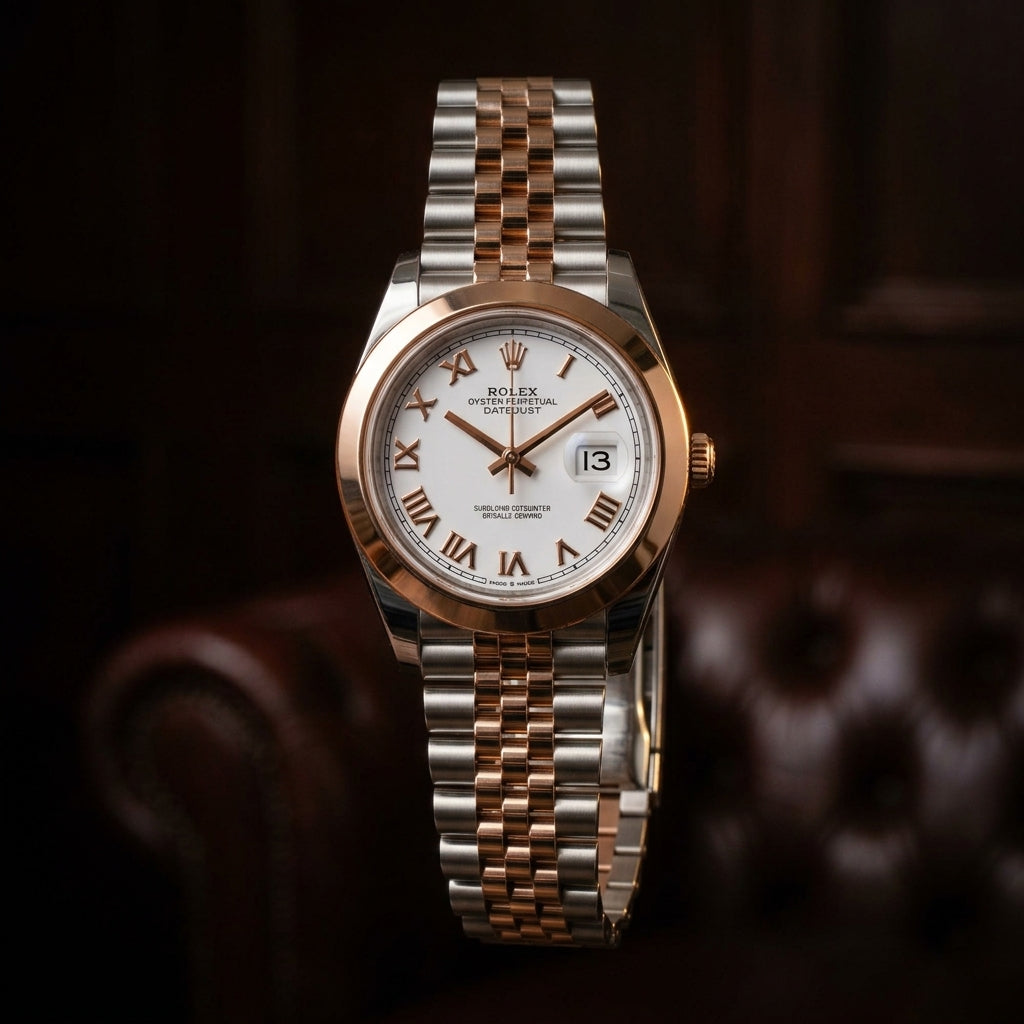 Macro of the white lacquer dial, applied rose-gold Roman numerals and Cyclops date window