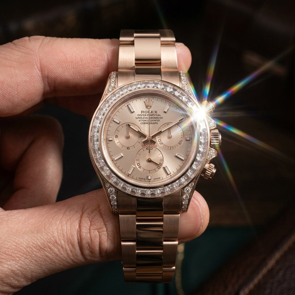Rose-gold baguette-bezel chronograph worn on the wrist over dark green marble
