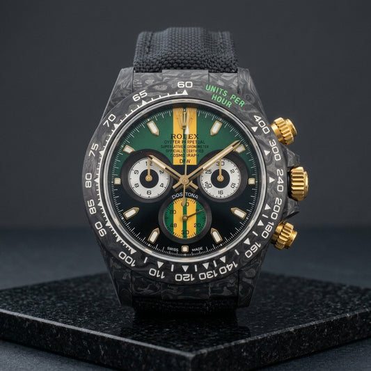 Forged carbon racing chronograph with green dial and gold stripe on black granite