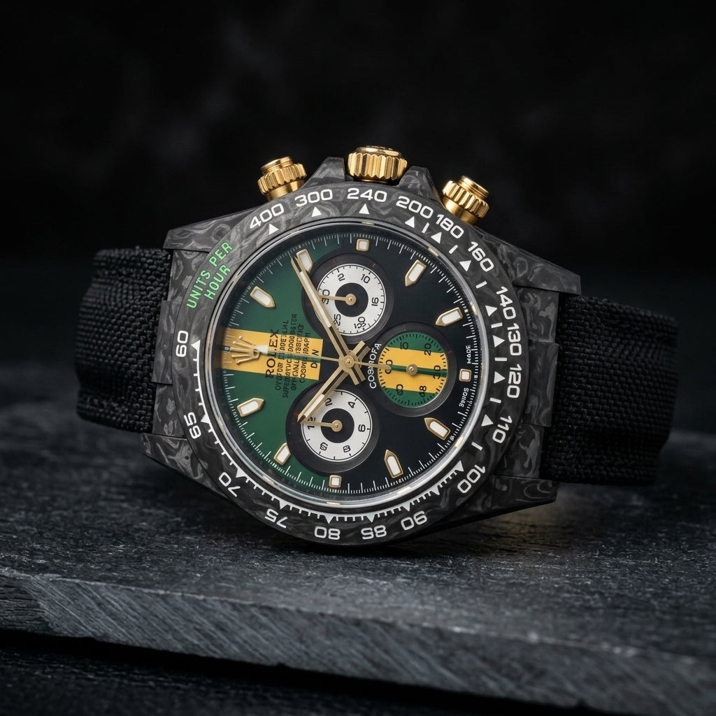 Green and gold carbon chronograph at a three-quarter angle on dark slate