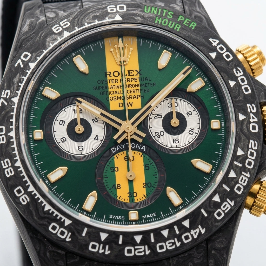 Macro of the green dial, gold racing stripe and carbon tachymeter bezel