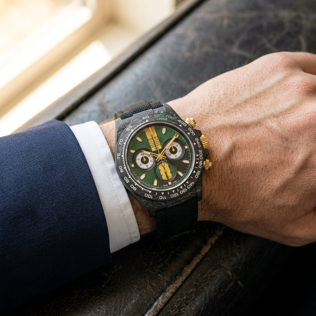 Carbon racing chronograph worn under a navy suit cuff