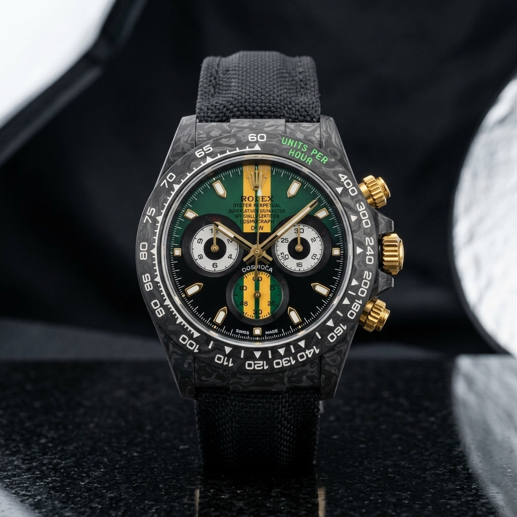 Carbon racing chronograph worn under a navy suit cuff