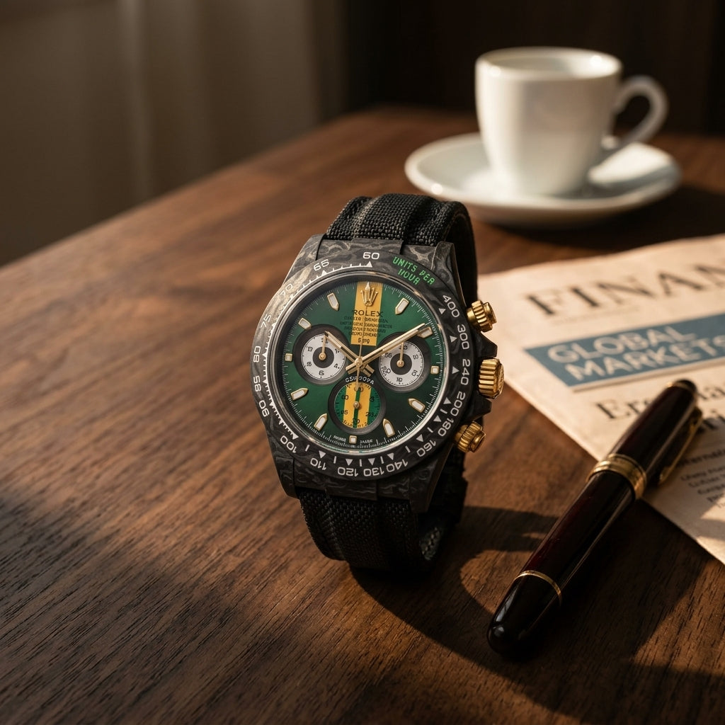 Forged carbon chronograph with a green and gold dial on a dark walnut desk beside a fountain pen