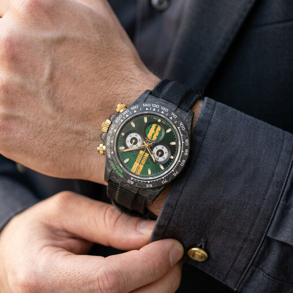 Forged carbon chronograph with a green and gold dial on the wrist as a shirt cuff is fastened