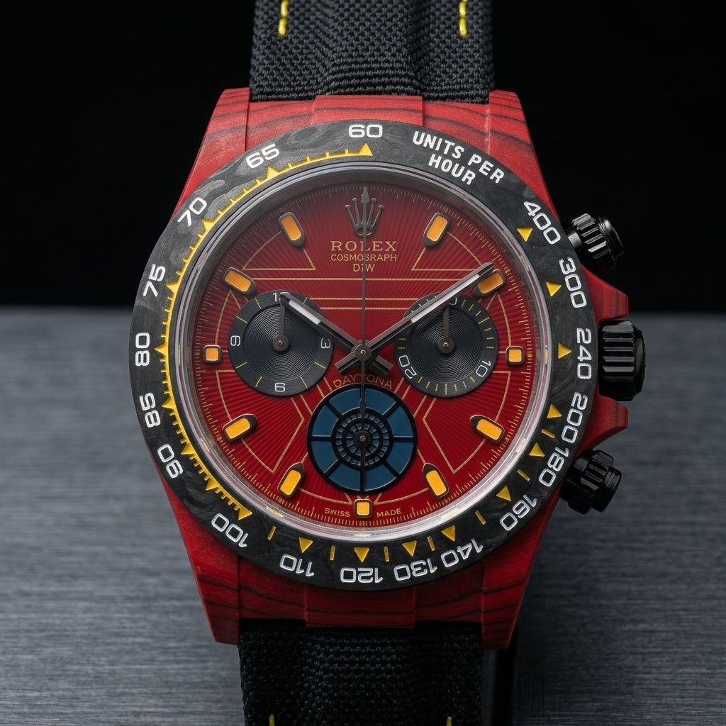 Red forged-carbon chronograph at a three-quarter angle on dark slate, black pushers to the right