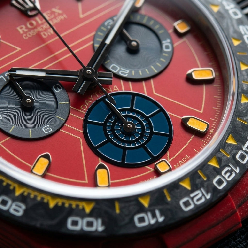 Macro of the red dial, its gold hairlines, black counters and the blue wheel-spoke sub-dial at six