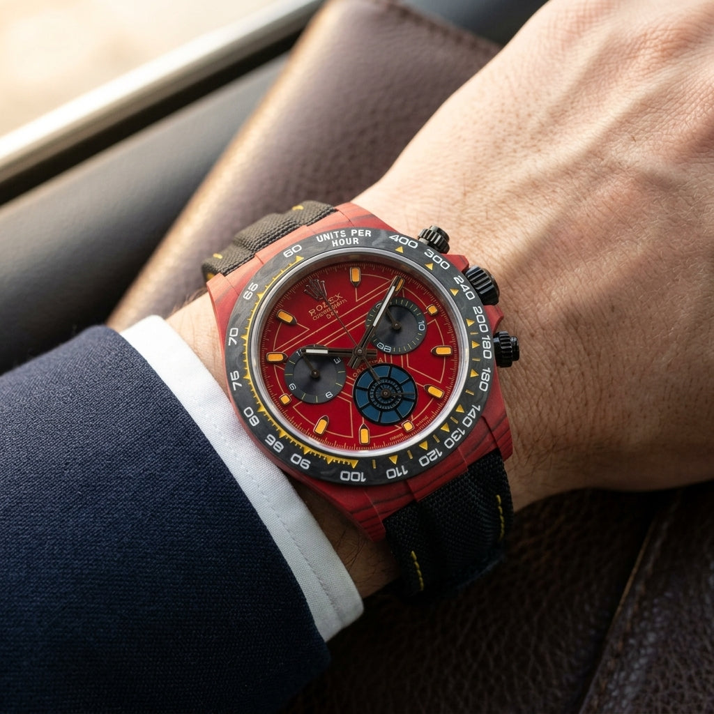 Red forged-carbon chronograph on a black woven strap with yellow stitching, worn under a cuff