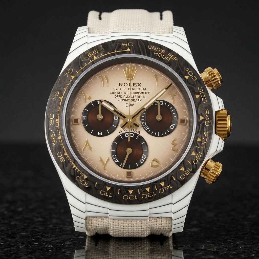 White carbon chronograph with a cream dial, gold Eastern Arabic numerals and a black carbon bezel, upright on polished black granite
