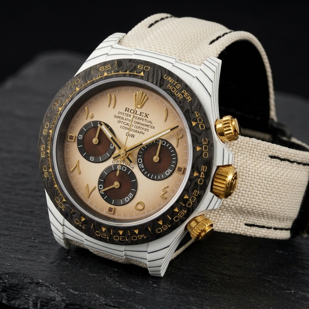White carbon chronograph at a three-quarter angle on dark slate, the gold fluted crown and pushers beside the black carbon bezel
