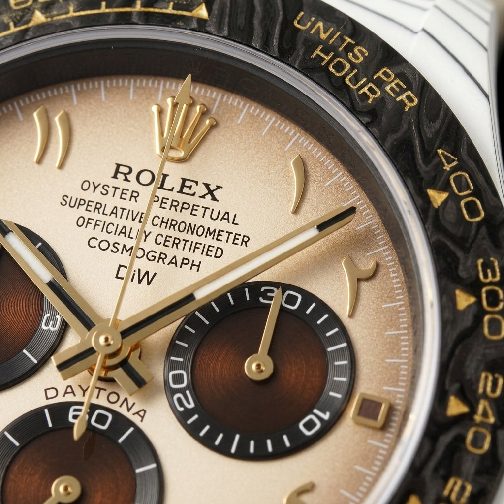 Macro of the cream dial with applied gold Eastern Arabic numerals and three chocolate-brown counters in black rings
