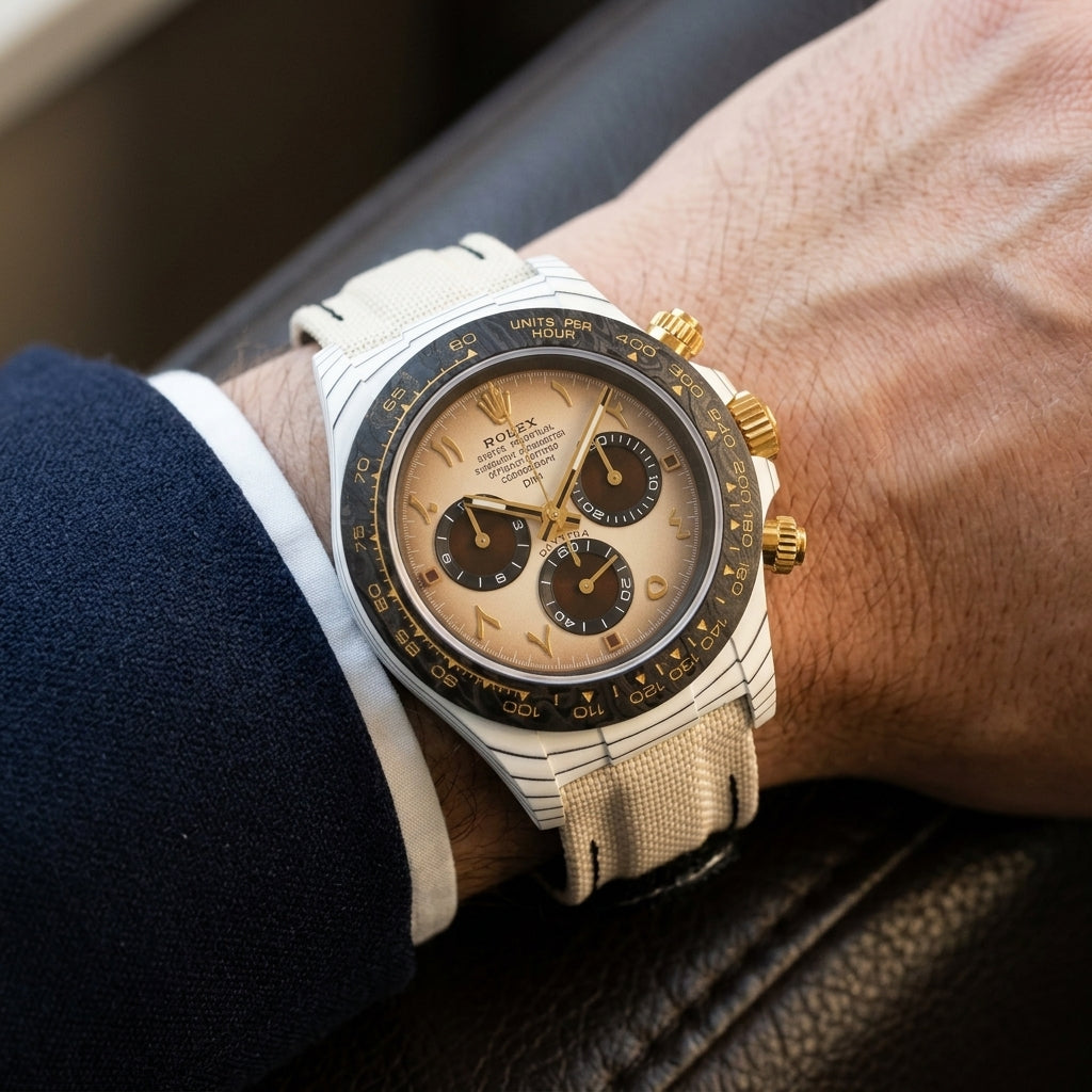 White carbon chronograph with a cream dial on its cream canvas strap, worn on the wrist below a dark suit cuff