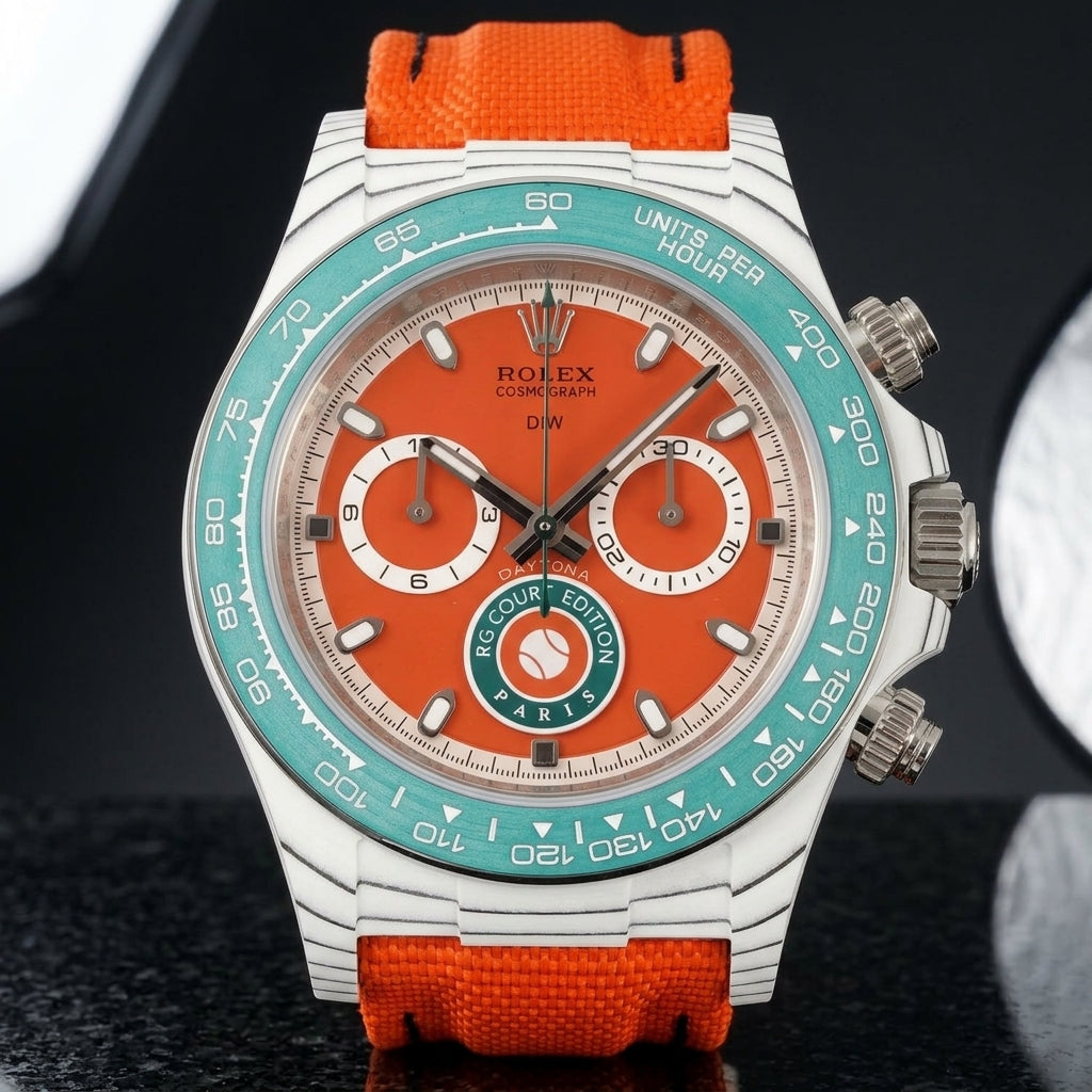 White carbon chronograph with a clay-red dial, a green tennis badge and a teal tachymeter bezel, upright on polished black granite