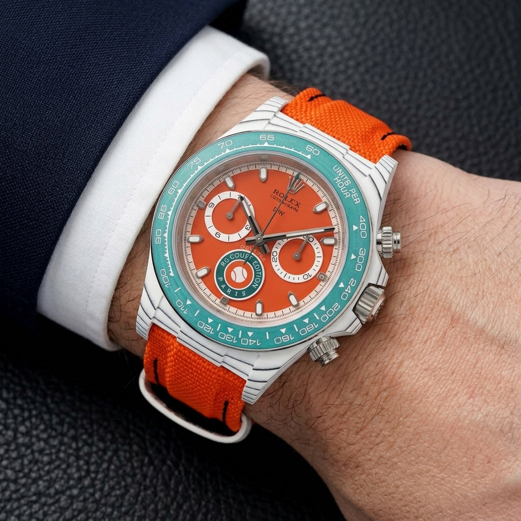 White carbon chronograph with a clay-red dial on its orange canvas strap, worn on the wrist below a dark suit cuff