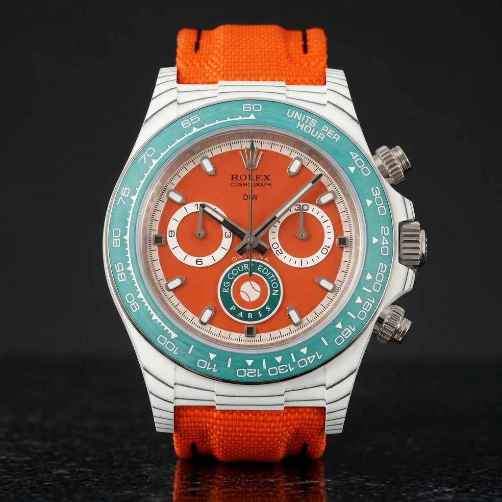 White carbon chronograph with a clay-red dial on its orange canvas strap, worn on the wrist below a dark suit cuff