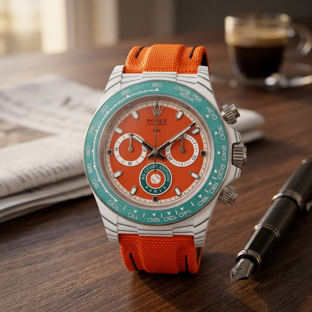 White carbon chronograph with a clay-red dial and a teal bezel on a dark walnut desk beside a fountain pen