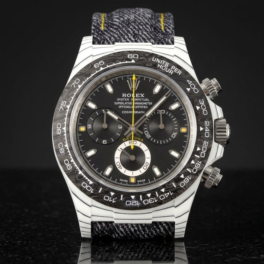 White carbon chronograph with a black forged-carbon bezel, a black dial and a yellow chronograph hand, upright on polished black granite