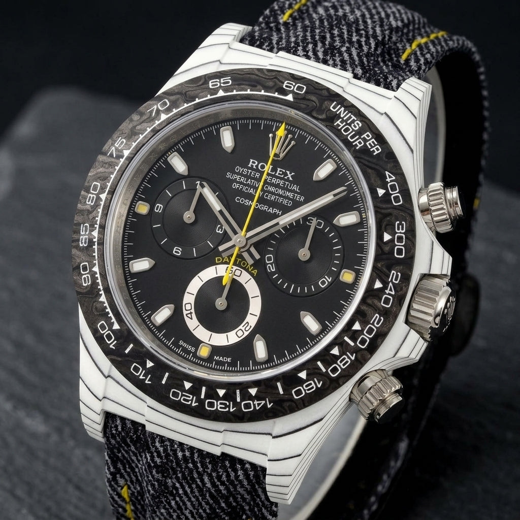 White carbon chronograph at a three-quarter angle on dark slate, its black-lined flank beside the steel crown and pushers