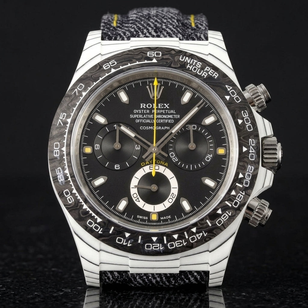 White carbon chronograph with a black dial on its denim strap with yellow stitching, worn on the wrist below a dark suit cuff