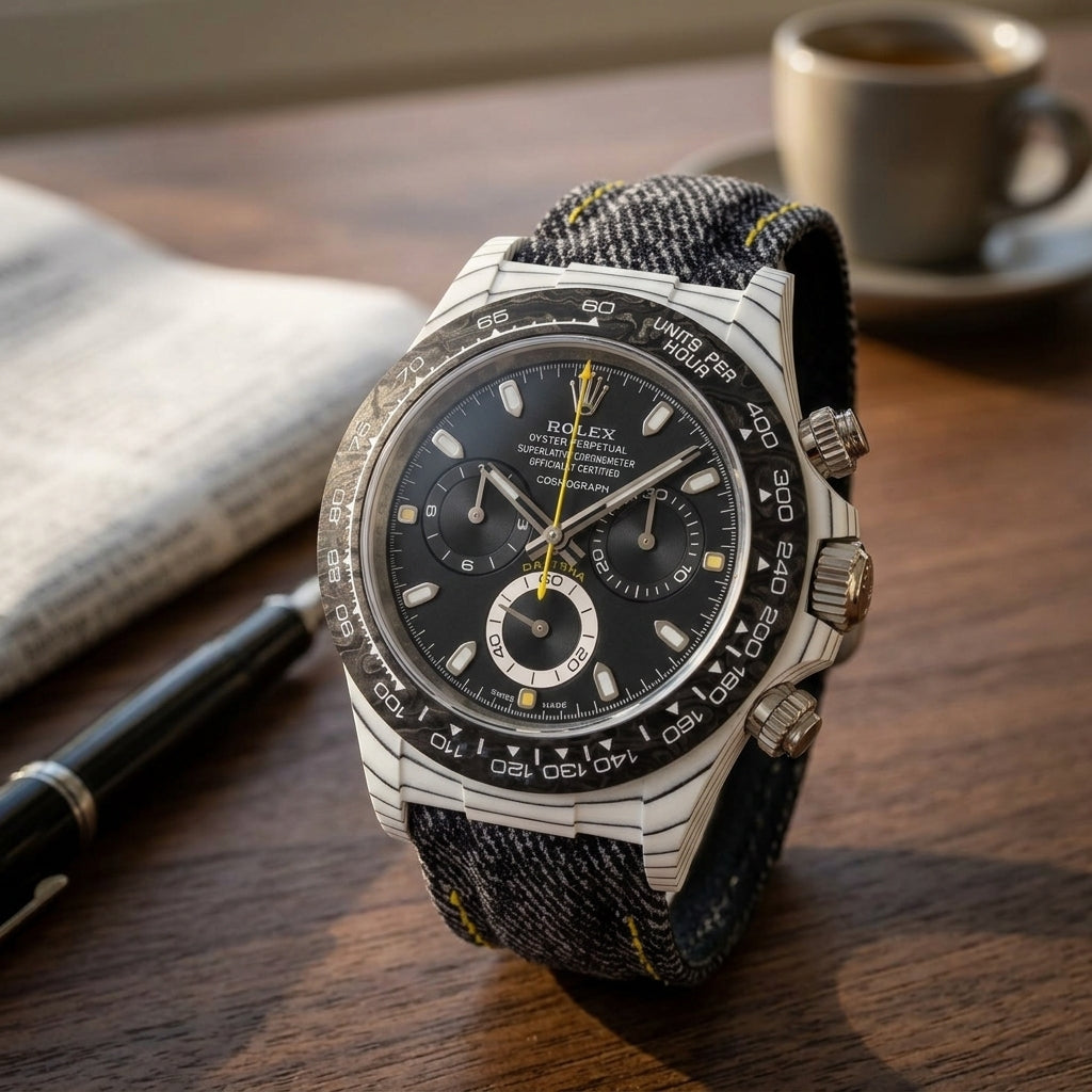 White carbon chronograph with a black dial and a forged-carbon bezel on a dark walnut desk beside a fountain pen