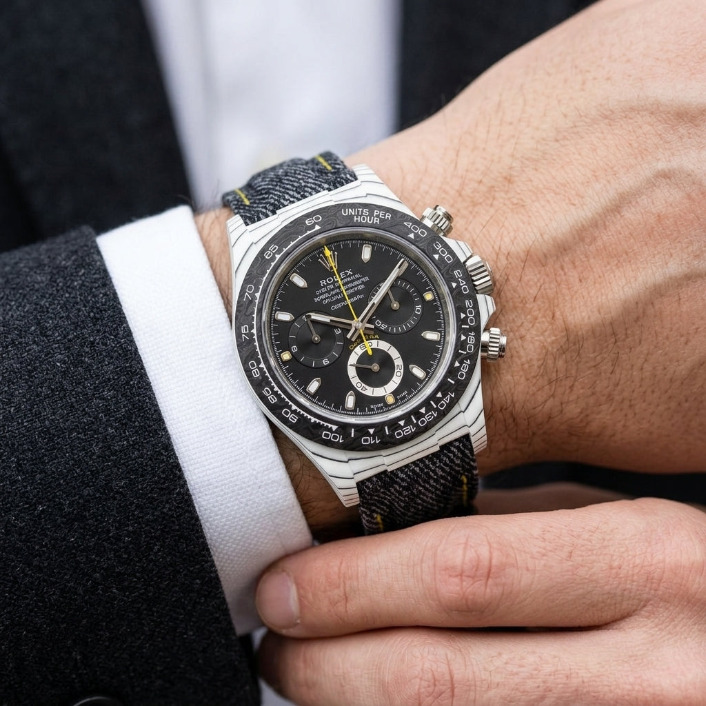 White carbon chronograph with a black dial and a yellow chronograph hand on the wrist as a shirt cuff is fastened