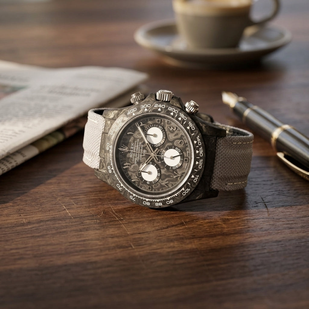 Black forged-carbon chronograph with a grey carbon dial and white counters on a dark walnut desk beside a fountain pen