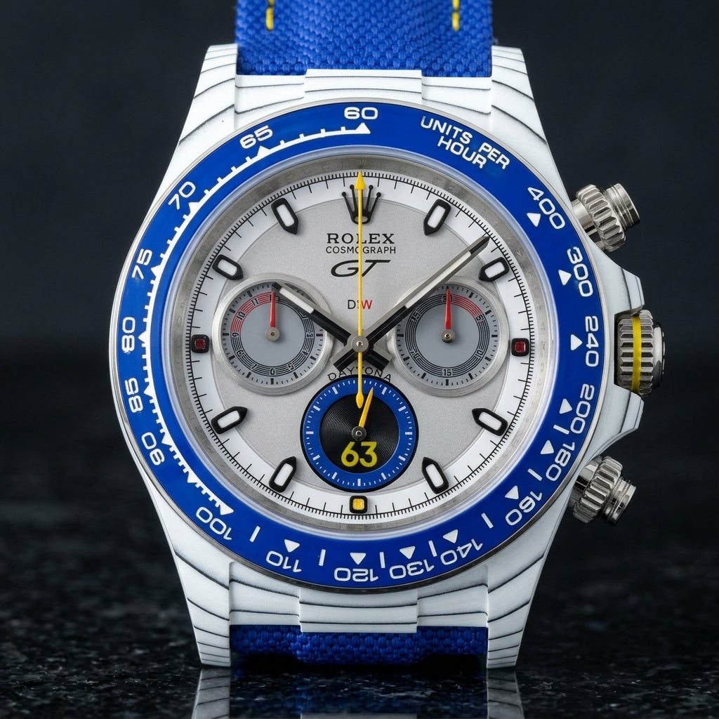White forged-carbon chronograph with a royal-blue tachymeter bezel and a silver-grey dial, upright on polished black granite