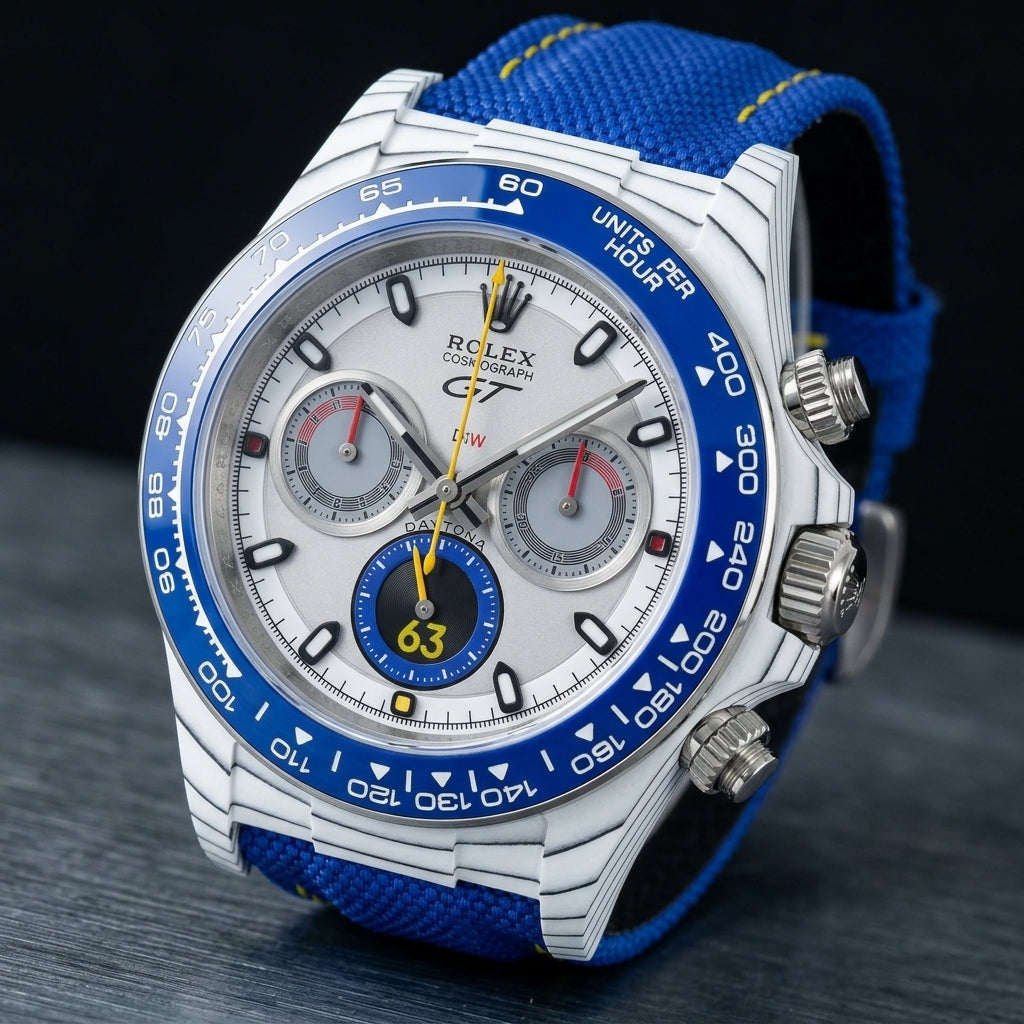 White forged-carbon chronograph at a three-quarter angle on dark slate, the blue bezel beside the steel crown with its yellow ring