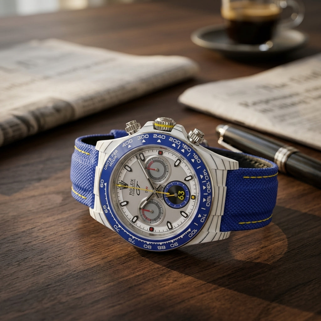 White forged-carbon chronograph with a royal-blue bezel on a dark walnut desk beside a fountain pen